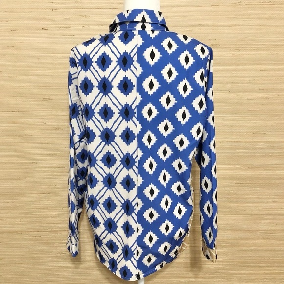 Women’s Blue White Gold Abstract Colorblock Button Front Bell Sleeve Shirt Large - Picture 6 of 8